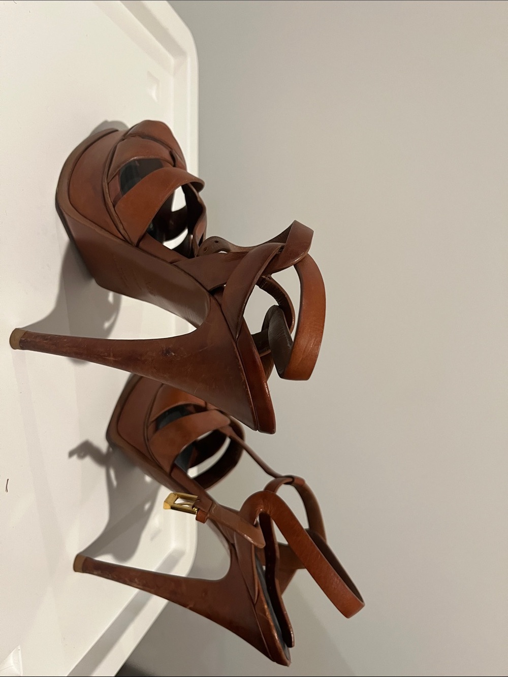 Yves Saint Laurent Brown Leather Platform Stiletto Sandals